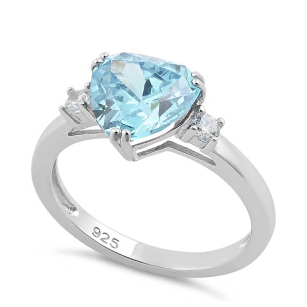 Sterling Silver Faceted Trillion Cut Aqua Blue CZ Ring New
